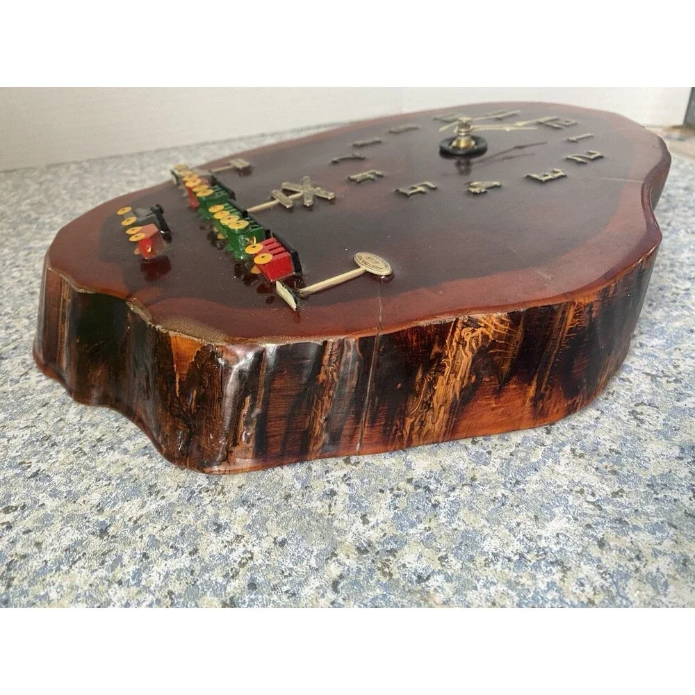 Vtg Hand Made Wood Slab Live Edge quarts wall  Clock w Train  Railroad Crossing